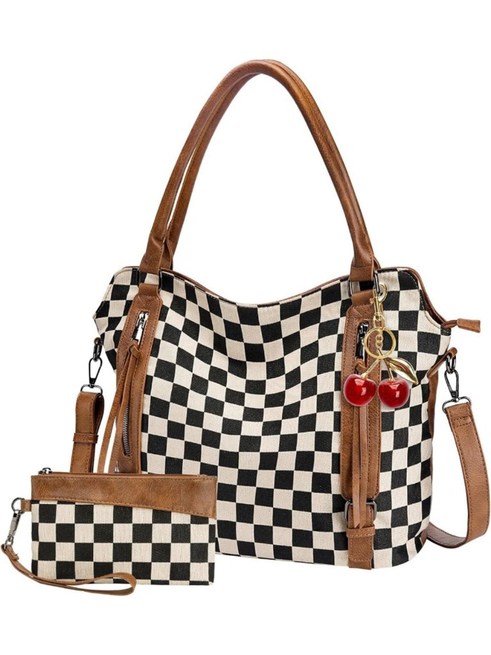Stylish Brown Checkered Crossbody Bag with Wallet & Cherry Charm - Large